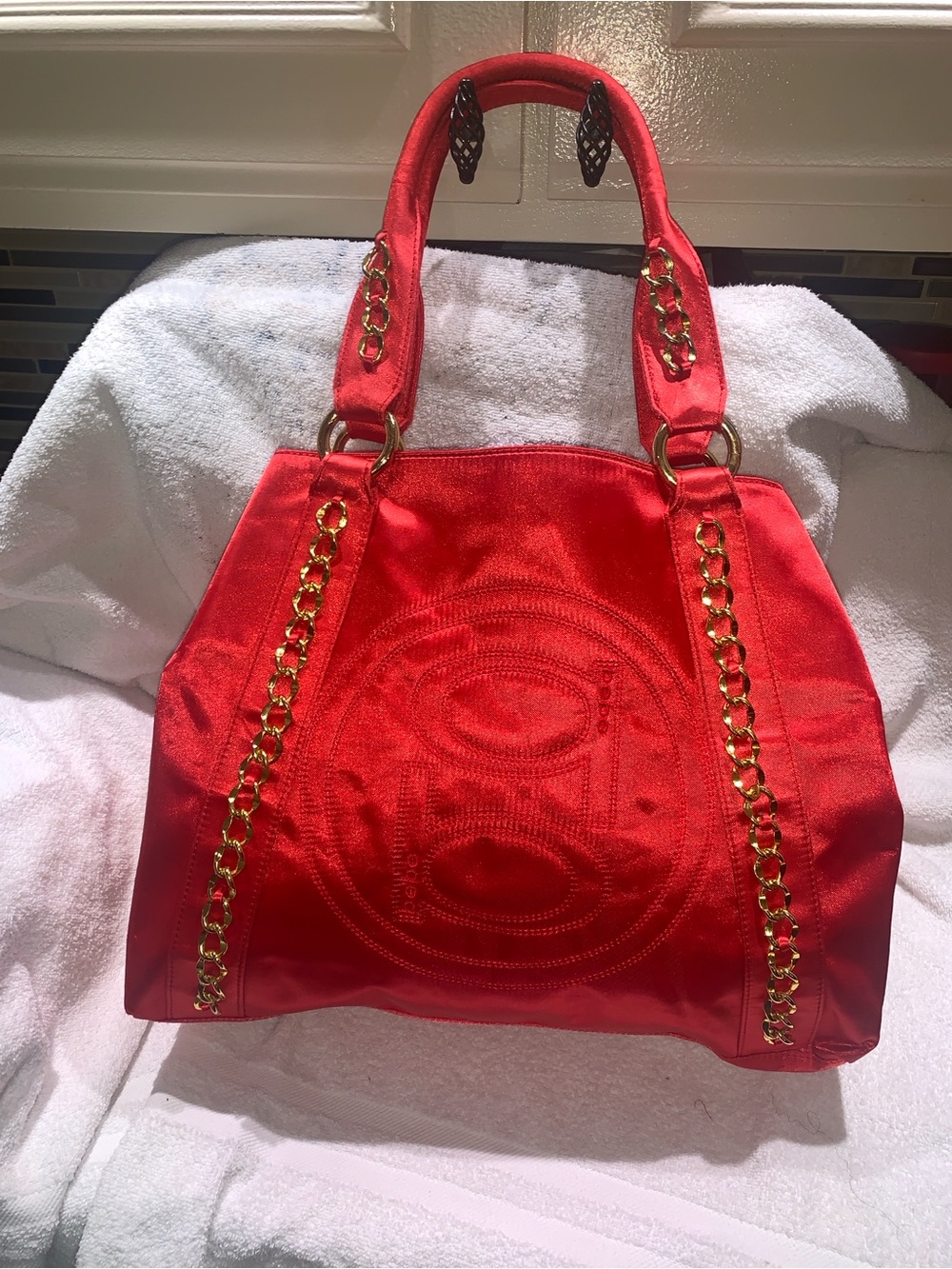 bebe Red Satin Shoulder Tote with Gold Chain Accents - Picture 2 of 10